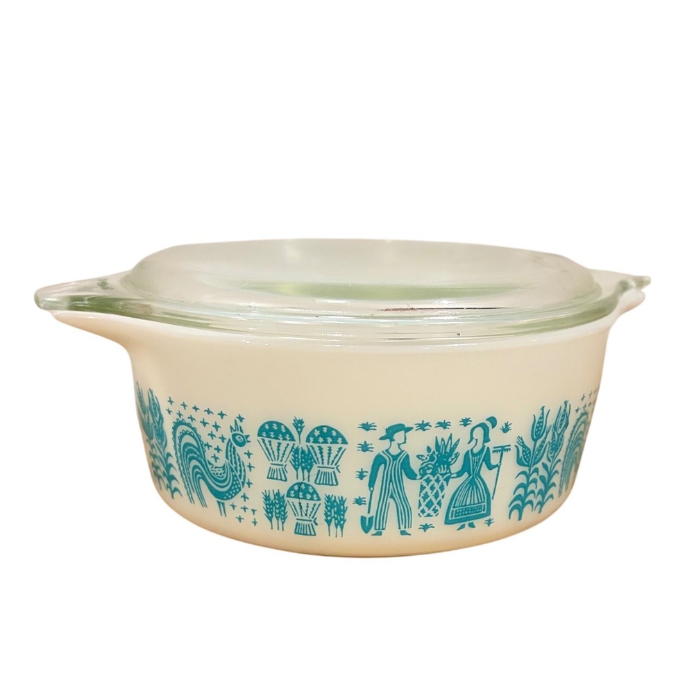 Vintage Pyrex Amish Butterprint Casserole Dish 472 1.5 Pt Turquoise White W/ Lid